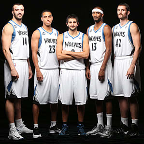 The Timberwolves have a solid starting lineup of (from left) Nikola Pekovic, Kevin Martin, Ricky Rubio, Corey Brewer and Kevin Love.